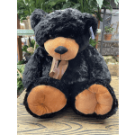 Large black teddy bear with tan muzzle and paws, sitting indoors