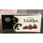 Box of cocoa truffles with red truffle pieces pictured on the front