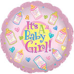 Pink baby girl foil balloon with bottles and hearts