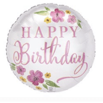 Round white birthday balloon with pink floral lettering