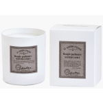 White scented candle in a glass jar beside its box