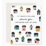 Greeting card with colorful house illustrations and thank-you text