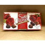Box of assorted chocolates with red rose graphics