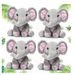 Four gray plush elephant toys with pink accents on a white background