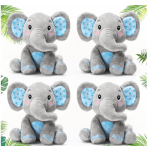 Four gray plush elephant toys with blue ears and feet