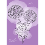 Illustrated allium and bearded iris on a purple background