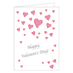 Folded Valentine card with scattered pink and red hearts and Happy Valentine’s Day message.