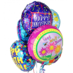 Cluster of colorful foil balloons with anniversary and get well messages