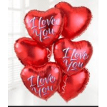 Cluster of red heart-shaped balloons with "I Love You" text