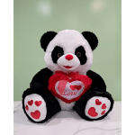 Plush panda bear holding a red heart with "Love" text