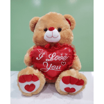 Plush teddy bear holding a red heart pillow that says "I Love You"