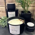 Black candles with "Wild Peony" labels beside a potted succulent and palm plant