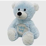 Light blue teddy bear plush with "baby boy" on its belly