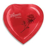 Heart-shaped red candy box with a rose graphic and Whitman's Sampler text