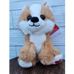 Plush stuffed dog toy with tan and white fur