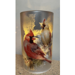 Frosted glass candle holder with two cardinals and pine branches