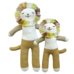 Two knitted lion plush toys with multicolored yarn manes