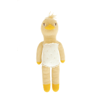 Knitted duck plush toy in a white dress on a plain background