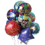 Cluster of colorful congratulatory mylar balloons in round and star shapes.