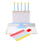 Paper birthday cake card with candles and a striped envelope