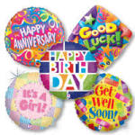 Set of colorful mylar balloons with messages for birthday, anniversary, new baby, get well, and good luck.