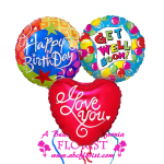 Three foil balloons reading Happy Birthday, Get Well Soon, and Love You