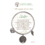 Silver bracelet with tree charms and a heart labeled Sister