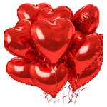 Cluster of red heart-shaped balloons with curling ribbons