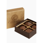 Box of assorted chocolates with a gold lid and brown tray