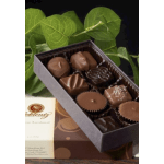 Box of assorted chocolates with green leaves behind it