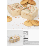 Sprinkled white fudge squares with cookies and a plastic tub of dessert.
