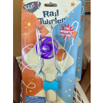 Packaged purple rail twirler toy with metal rods and blue handle