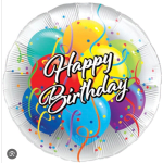 Round birthday balloon with colorful confetti and "Happy Birthday" text