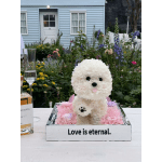 White floral dog sculpture in a mirrored box with pink flowers
