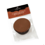 Packaged jumbo peanut butter cup in a clear wrapper