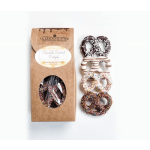 Box of chocolate-covered pretzels with assorted toppings