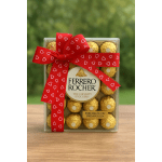 Box of Ferrero Rocher chocolates tied with a red ribbon