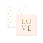 Two decorative cards, one reading LOVE and one with gold dots