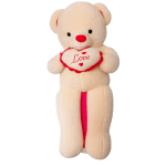 Cream teddy bear holding a heart with the word Love