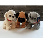 Three plush puppy toys in cream, brown, and gray