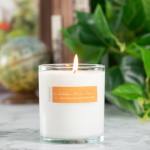 Lit white candle in a clear glass tumbler