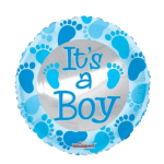Round blue balloon with "It's a Boy" text and baby footprints