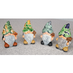 Set of four garden gnome figurines with flower-textured hats holding welcome signs