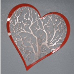 Red heart-shaped wall decor with a silver tree cutout