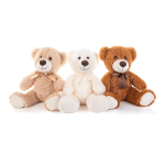 Three plush teddy bears in beige, white, and brown with ribbons