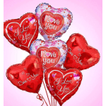 Heart-shaped red and pink balloons with love messages