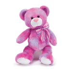 Pink plush teddy bear with a striped ribbon bow