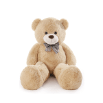 Large beige teddy bear with a plaid bow tie