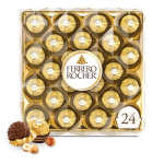 Box of Ferrero Rocher chocolates with two chocolates shown outside the package