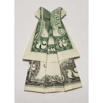 Folded dollar bills arranged like a dress on a white background